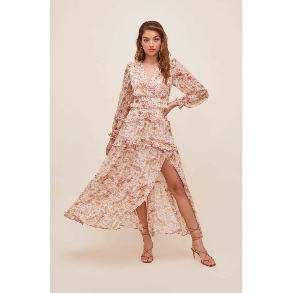 Astr The Label Fleur Dress Peach Dusty Rose Floral Maxi Tie Back Xs Nwot $168
